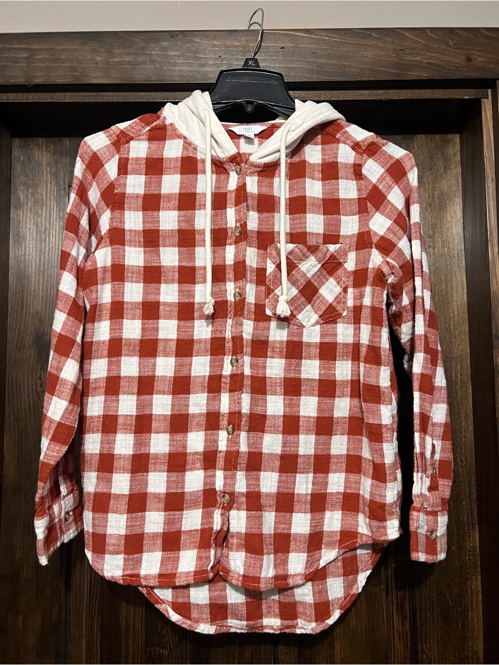 Time and Tru Red & White Plaid Hooded Button-Down Shirt